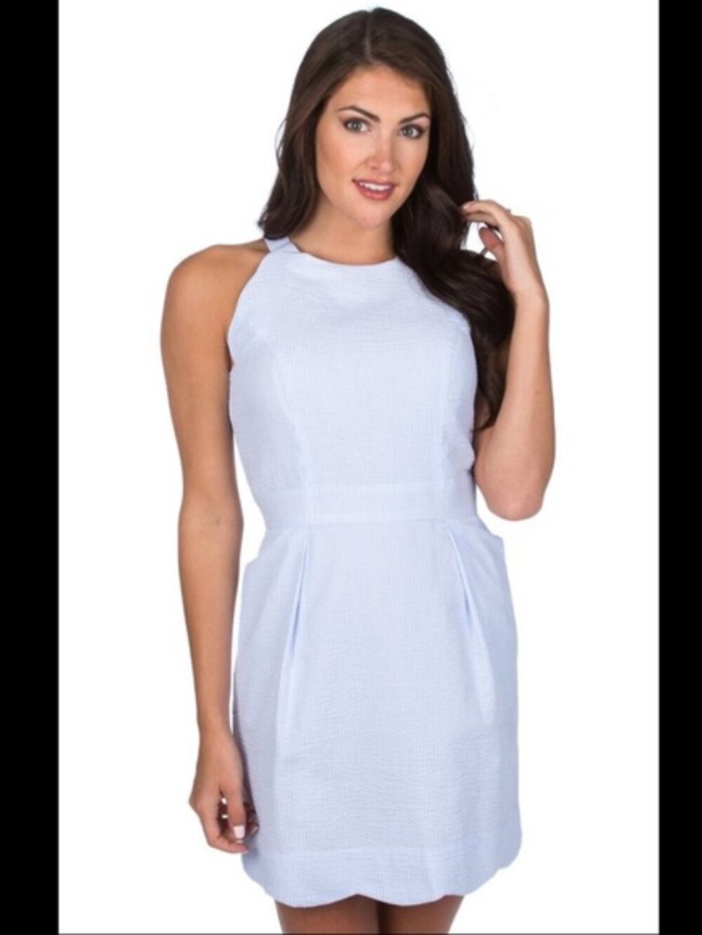 Lauren James XS Blue & White Stripe Seersucker Scalloped Landry Dress - POCKETS!